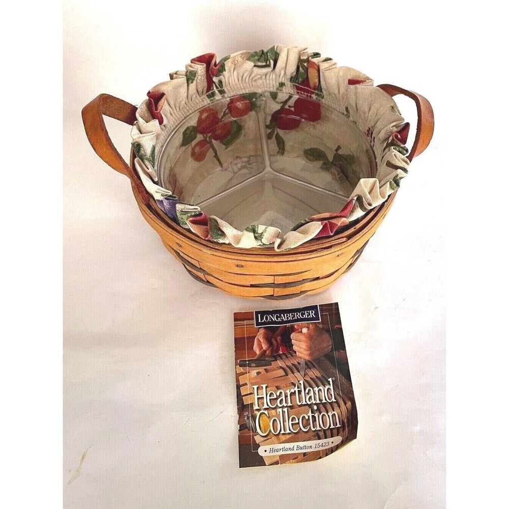 Longaberger Heartland Button Basket w/ Liner & 3 Section Protector 1998 Leather